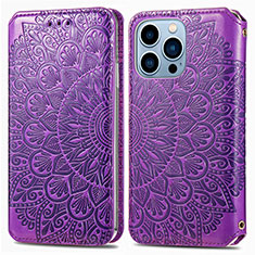 Leather Case Stands Fashionable Pattern Flip Cover H01 Holder for Apple iPhone 13 Pro Purple