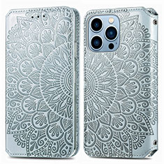 Leather Case Stands Fashionable Pattern Flip Cover H01 Holder for Apple iPhone 13 Pro Silver