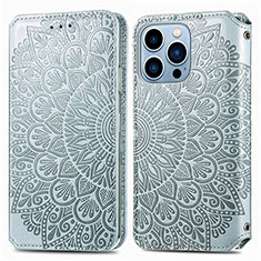 Leather Case Stands Fashionable Pattern Flip Cover H01 Holder for Apple iPhone 14 Pro Silver