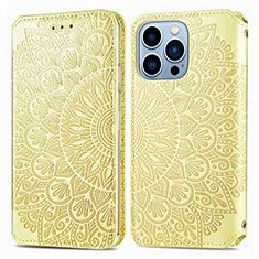 Leather Case Stands Fashionable Pattern Flip Cover H01 Holder for Apple iPhone 15 Pro Max Yellow