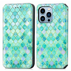 Leather Case Stands Fashionable Pattern Flip Cover H10 Holder for Apple iPhone 15 Pro Green