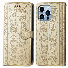 Leather Case Stands Fashionable Pattern Flip Cover H12 Holder for Apple iPhone 15 Pro Gold