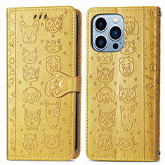 Leather Case Stands Fashionable Pattern Flip Cover H12 Holder for Apple iPhone 15 Pro Max Yellow