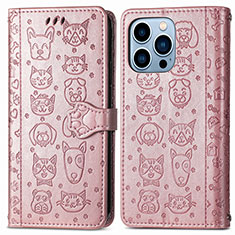 Leather Case Stands Fashionable Pattern Flip Cover H12 Holder for Apple iPhone 15 Pro Rose Gold