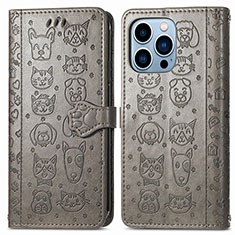 Leather Case Stands Fashionable Pattern Flip Cover H12 Holder for Apple iPhone 16 Pro Gray