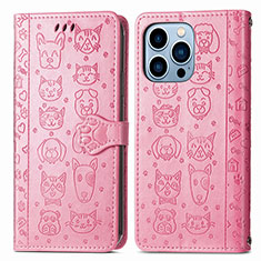 Leather Case Stands Fashionable Pattern Flip Cover H12 Holder for Apple iPhone 16 Pro Pink