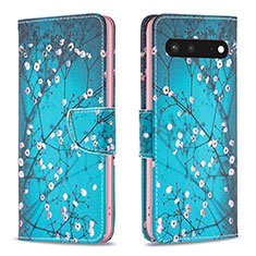 Leather Case Stands Fashionable Pattern Flip Cover Holder B01F for Google Pixel 7 5G Cyan