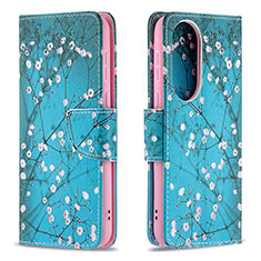 Leather Case Stands Fashionable Pattern Flip Cover Holder B01F for Huawei P50 Cyan