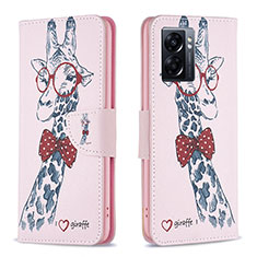 Leather Case Stands Fashionable Pattern Flip Cover Holder B01F for Oppo A77 5G Pink