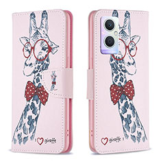 Leather Case Stands Fashionable Pattern Flip Cover Holder B01F for Oppo A96 5G Pink