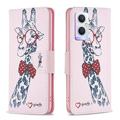 Leather Case Stands Fashionable Pattern Flip Cover Holder B01F for Oppo F21s Pro 5G Pink