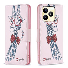 Leather Case Stands Fashionable Pattern Flip Cover Holder B01F for Realme C53 India Pink