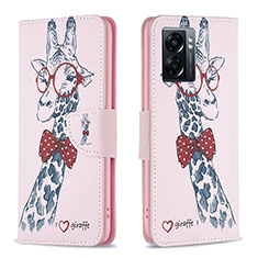 Leather Case Stands Fashionable Pattern Flip Cover Holder B01F for Realme Q5i 5G Pink