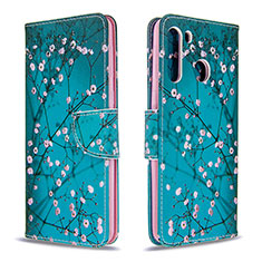 Leather Case Stands Fashionable Pattern Flip Cover Holder B01F for Samsung Galaxy A21 Cyan