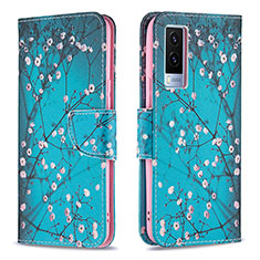 Leather Case Stands Fashionable Pattern Flip Cover Holder B01F for Vivo V21e 5G Cyan