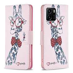 Leather Case Stands Fashionable Pattern Flip Cover Holder B01F for Vivo Y01 Pink