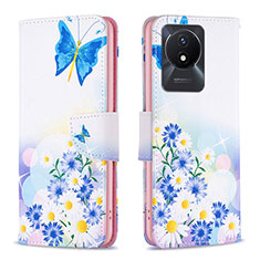 Leather Case Stands Fashionable Pattern Flip Cover Holder B01F for Vivo Y02 Blue