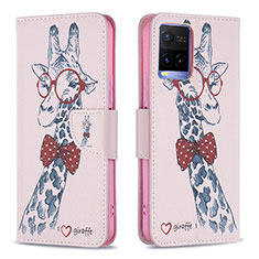 Leather Case Stands Fashionable Pattern Flip Cover Holder B01F for Vivo Y21a Pink