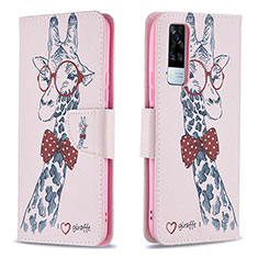 Leather Case Stands Fashionable Pattern Flip Cover Holder B01F for Vivo Y31 (2021) Pink