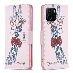 Leather Case Stands Fashionable Pattern Flip Cover Holder B01F for Vivo Y32t Pink