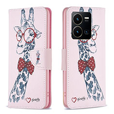 Leather Case Stands Fashionable Pattern Flip Cover Holder B01F for Vivo Y35 4G Pink