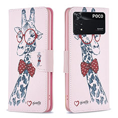 Leather Case Stands Fashionable Pattern Flip Cover Holder B01F for Xiaomi Poco M4 Pro 4G Pink