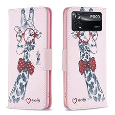 Leather Case Stands Fashionable Pattern Flip Cover Holder B01F for Xiaomi Poco X4 Pro 5G Pink