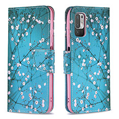 Leather Case Stands Fashionable Pattern Flip Cover Holder B01F for Xiaomi Redmi Note 10T 5G Cyan