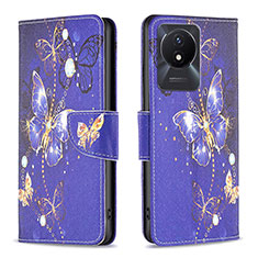 Leather Case Stands Fashionable Pattern Flip Cover Holder B03F for Vivo Y02 Navy Blue