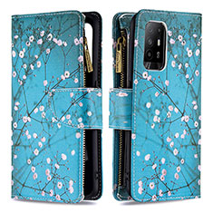 Leather Case Stands Fashionable Pattern Flip Cover Holder B04F for Oppo A94 5G Cyan