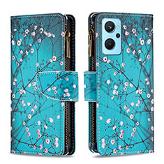 Leather Case Stands Fashionable Pattern Flip Cover Holder B04F for Oppo A96 4G Cyan