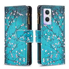 Leather Case Stands Fashionable Pattern Flip Cover Holder B04F for Oppo A96 5G Cyan