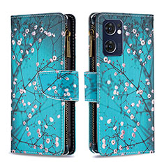 Leather Case Stands Fashionable Pattern Flip Cover Holder B04F for Oppo Reno7 5G Cyan