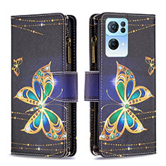 Leather Case Stands Fashionable Pattern Flip Cover Holder B04F for Oppo Reno7 Pro 5G Black