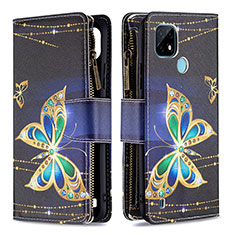 Leather Case Stands Fashionable Pattern Flip Cover Holder B04F for Realme C21 Black