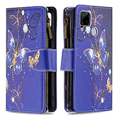 Leather Case Stands Fashionable Pattern Flip Cover Holder B04F for Realme C25 Navy Blue