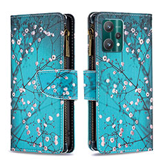 Leather Case Stands Fashionable Pattern Flip Cover Holder B04F for Realme Q5 5G Cyan