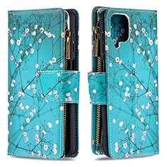 Leather Case Stands Fashionable Pattern Flip Cover Holder B04F for Samsung Galaxy A12 5G Cyan