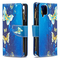 Leather Case Stands Fashionable Pattern Flip Cover Holder B04F for Samsung Galaxy A12 Blue