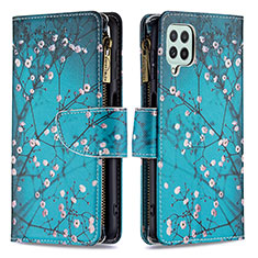 Leather Case Stands Fashionable Pattern Flip Cover Holder B04F for Samsung Galaxy A22 4G Cyan