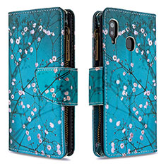 Leather Case Stands Fashionable Pattern Flip Cover Holder B04F for Samsung Galaxy A30 Cyan