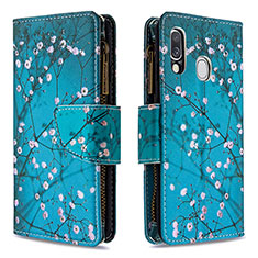 Leather Case Stands Fashionable Pattern Flip Cover Holder B04F for Samsung Galaxy A40 Cyan