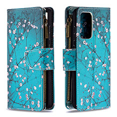 Leather Case Stands Fashionable Pattern Flip Cover Holder B04F for Samsung Galaxy A72 5G Cyan
