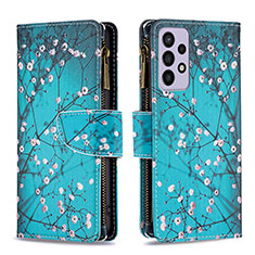 Leather Case Stands Fashionable Pattern Flip Cover Holder B04F for Samsung Galaxy A73 5G Cyan