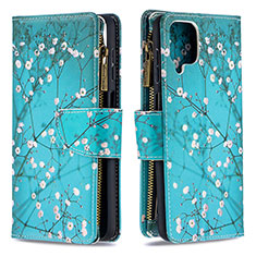 Leather Case Stands Fashionable Pattern Flip Cover Holder B04F for Samsung Galaxy M12 Cyan