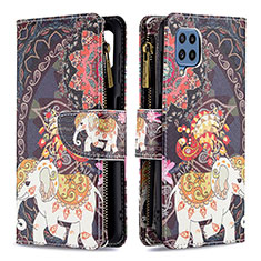 Leather Case Stands Fashionable Pattern Flip Cover Holder B04F for Samsung Galaxy M32 4G Brown