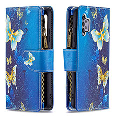 Leather Case Stands Fashionable Pattern Flip Cover Holder B04F for Samsung Galaxy M32 5G Blue