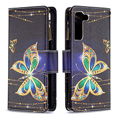 Leather Case Stands Fashionable Pattern Flip Cover Holder B04F for Samsung Galaxy S21 Plus 5G Black