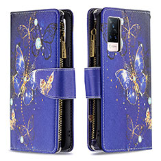 Leather Case Stands Fashionable Pattern Flip Cover Holder B04F for Vivo V21 5G Navy Blue