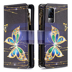 Leather Case Stands Fashionable Pattern Flip Cover Holder B04F for Vivo V21e 4G Black